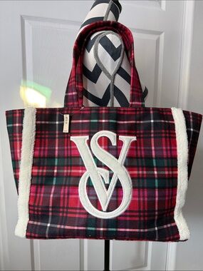 Victoria's Secret Red Plaid Tote with White Sherpa Logo Trim